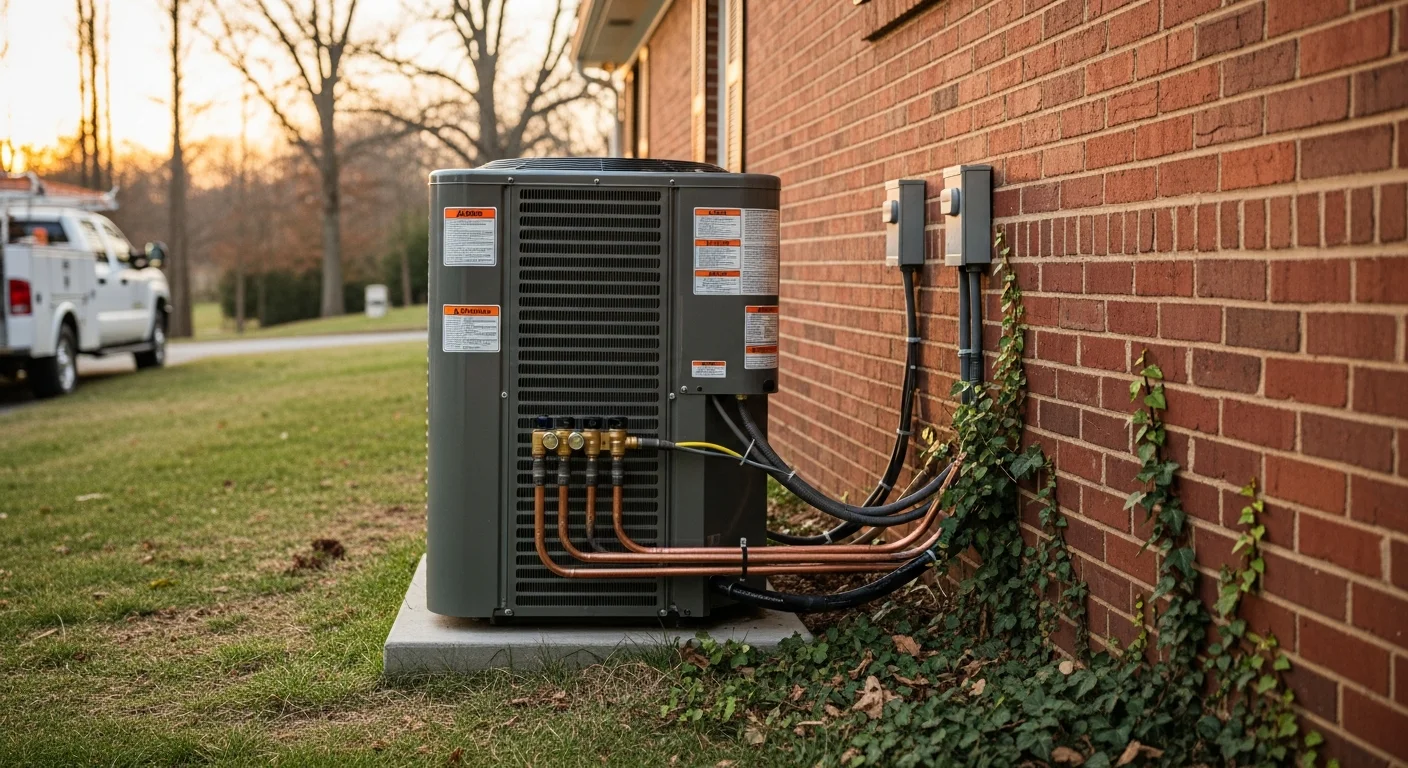 HVAC technician installing a heat pump system in a residential home