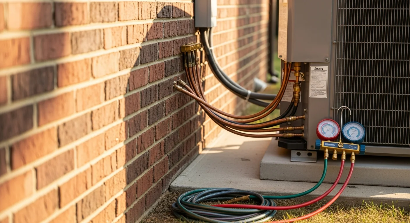 An Energy Wise Heating And AC technician completing an air conditioning installation at a single-family home in Orange, VA. The outdoor condenser unit is positioned on a level pad beside the house on a clear summer day.