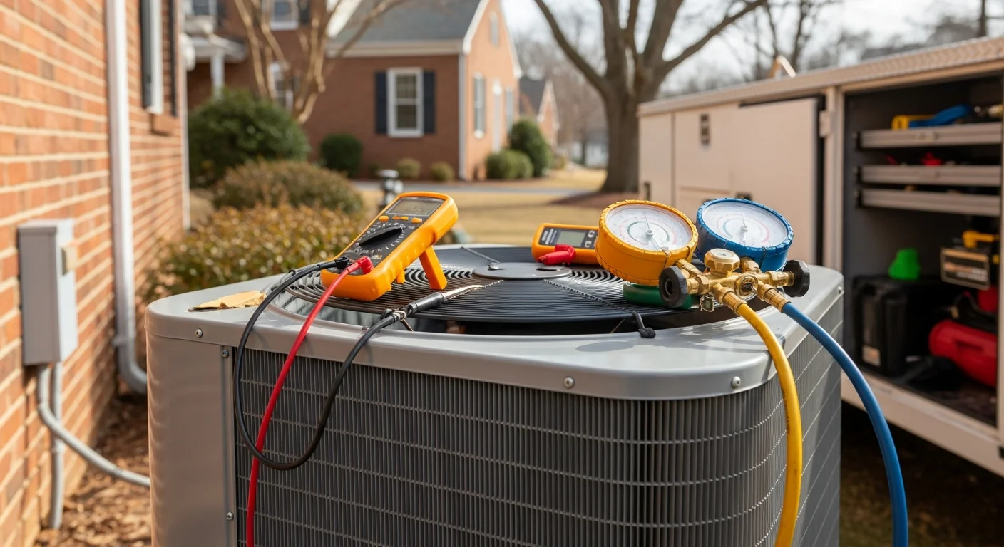 An Energy Wise Heating And Ac technician inspecting an outdoor AC condenser unit at a single-family home in Orange, VA. The technician is checking internal components on a clear summer day in the 22960 service area.