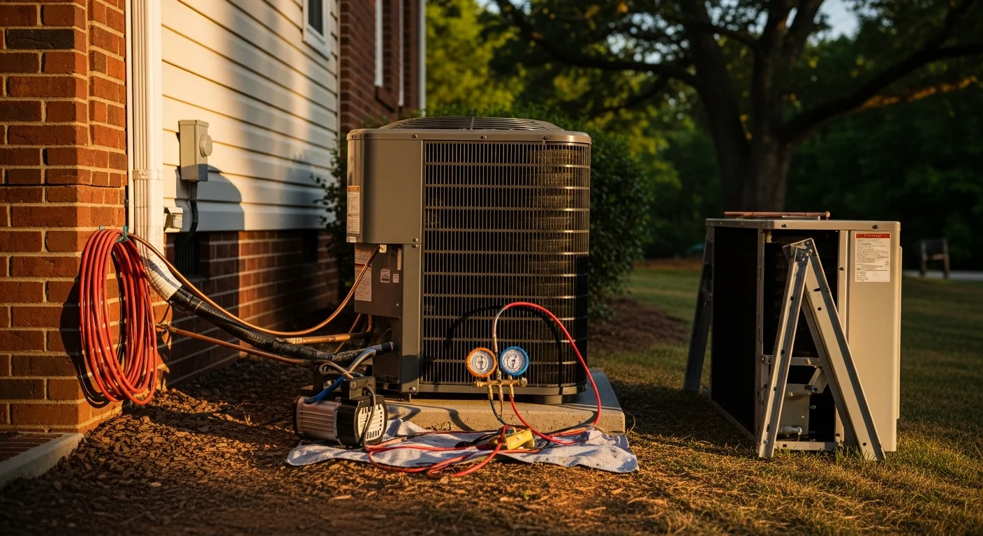 A new central air conditioning condenser unit installed outside a residential home in Orange, VA 22960. An HVAC technician from Energy Wise Heating And Ac checks the system connections after installation.