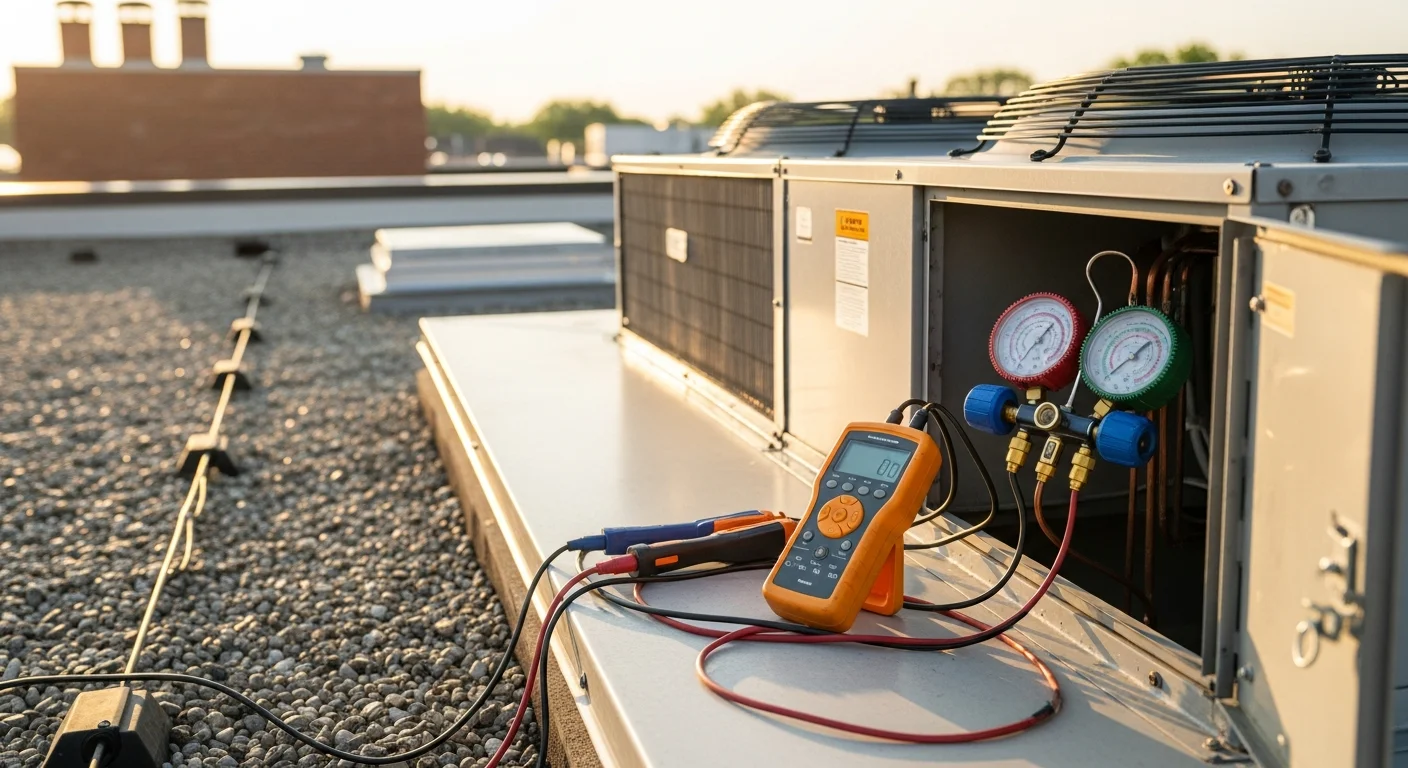 An Energy Wise Heating And Ac technician inspecting a commercial HVAC rooftop unit on a business building in Orange, VA. The technician checks electrical connections and refrigerant lines during a commercial repair service call.