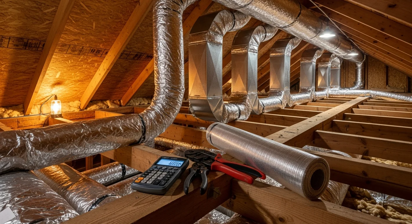 A heating contractor installs new sheet metal ductwork in the crawlspace of a residential home in Orange, VA. Supply and return runs are visible, connected and sealed, ready for system startup.