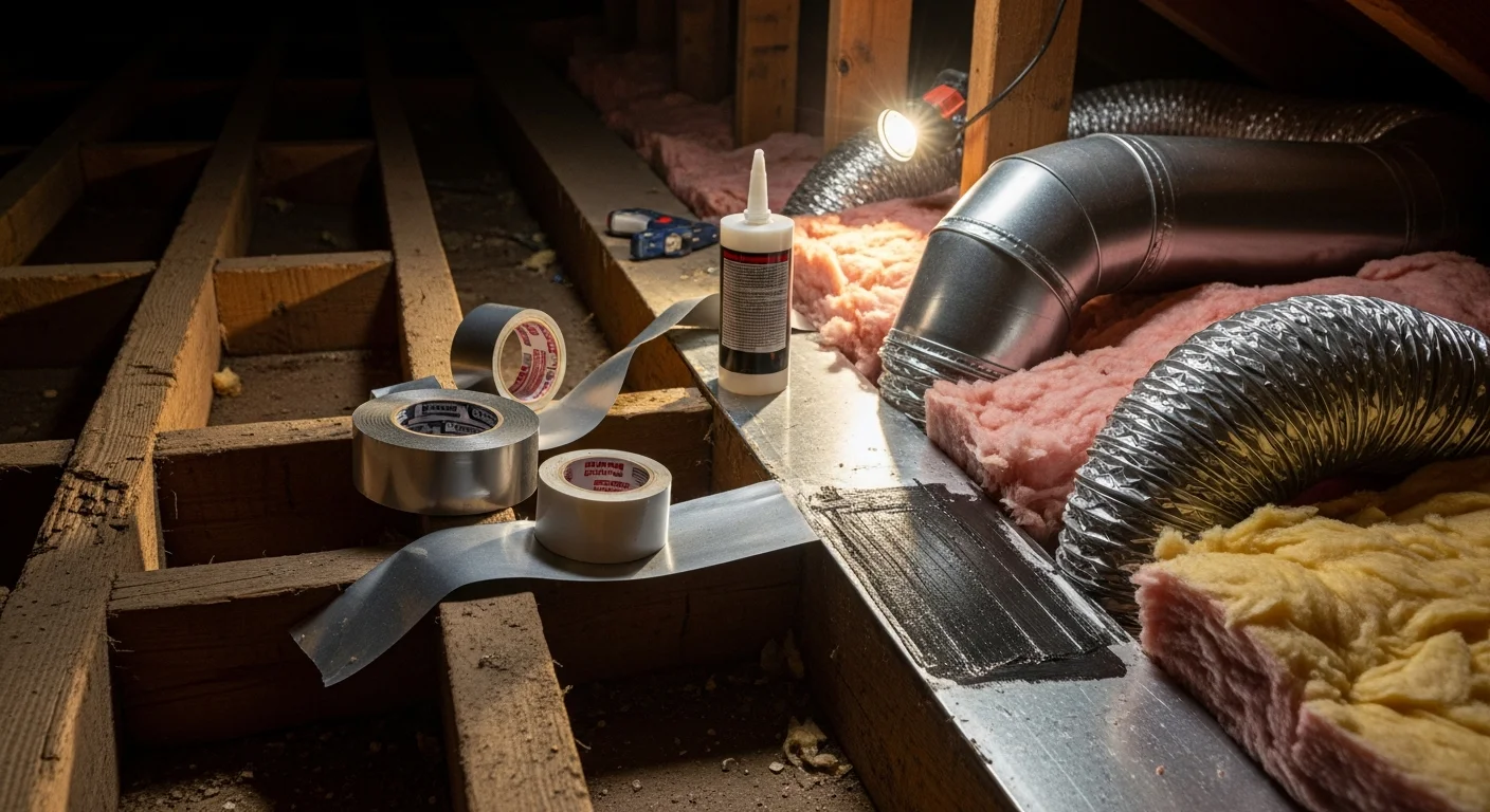 An HVAC technician sealing a leaking duct joint inside a crawlspace beneath a residential home in Orange, VA. The repaired flex duct section runs along the crawlspace floor with visible mastic sealant applied to the connection point.