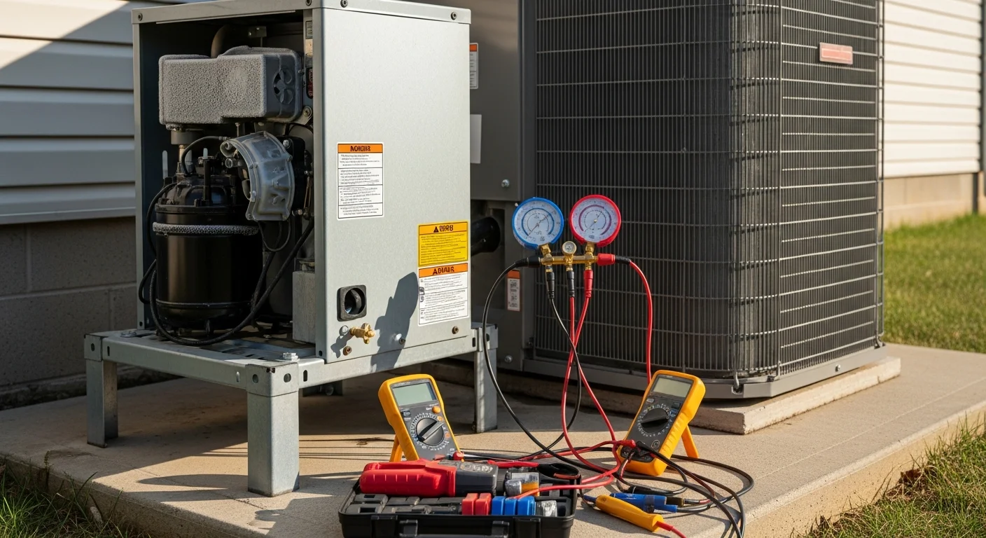 An Energy Wise Heating And AC technician inspecting the outdoor unit of a residential heat pump at a home in Orange, VA 22960. The technician checks refrigerant lines and electrical connections on a warm Virginia afternoon.
