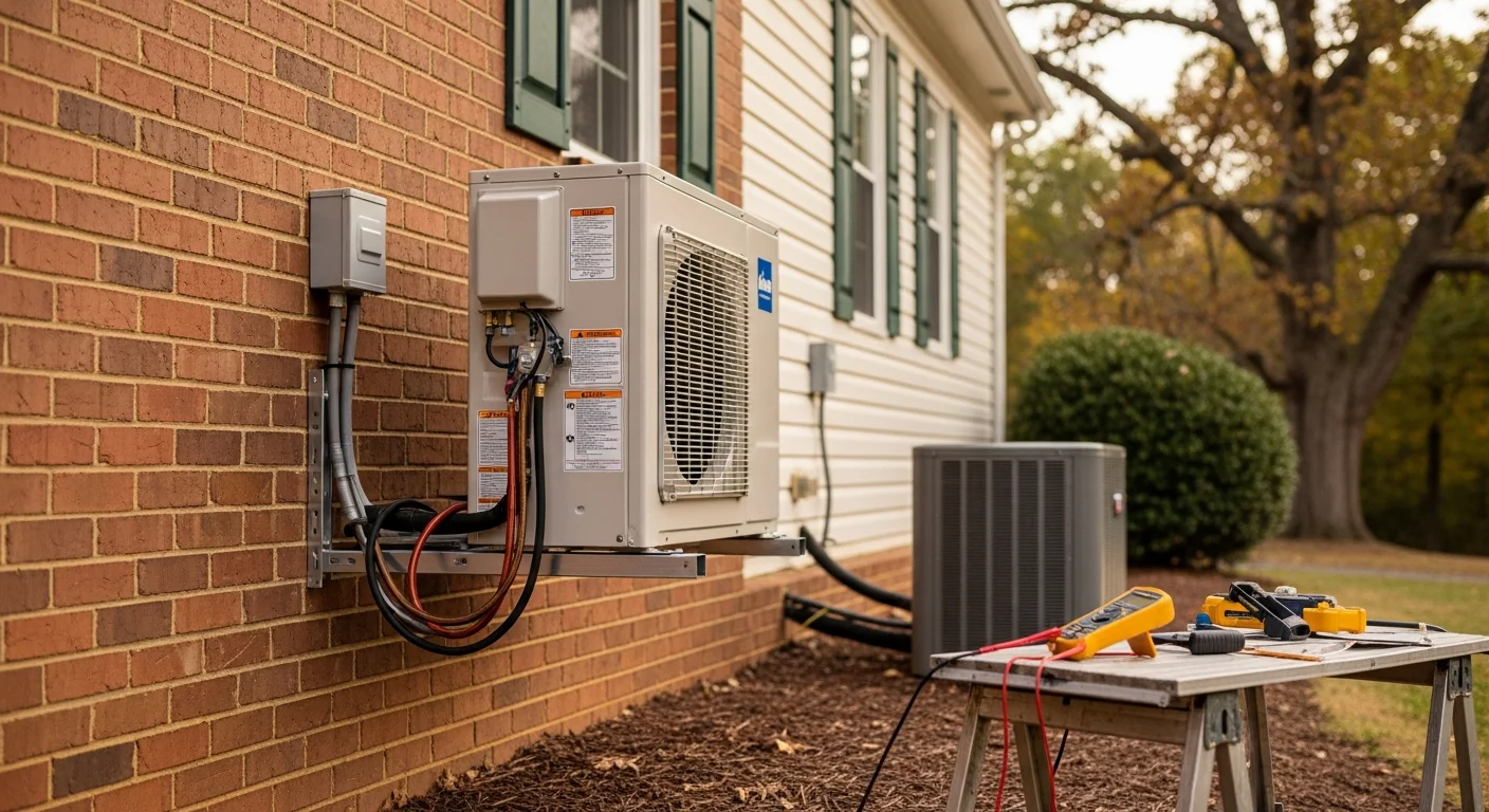 A newly installed heat pump outdoor unit beside a residential home in Orange, Virginia, with clean refrigerant lines and a finished pad installation. An Energy Wise Heating And Ac technician reviews the completed setup before leaving the property.