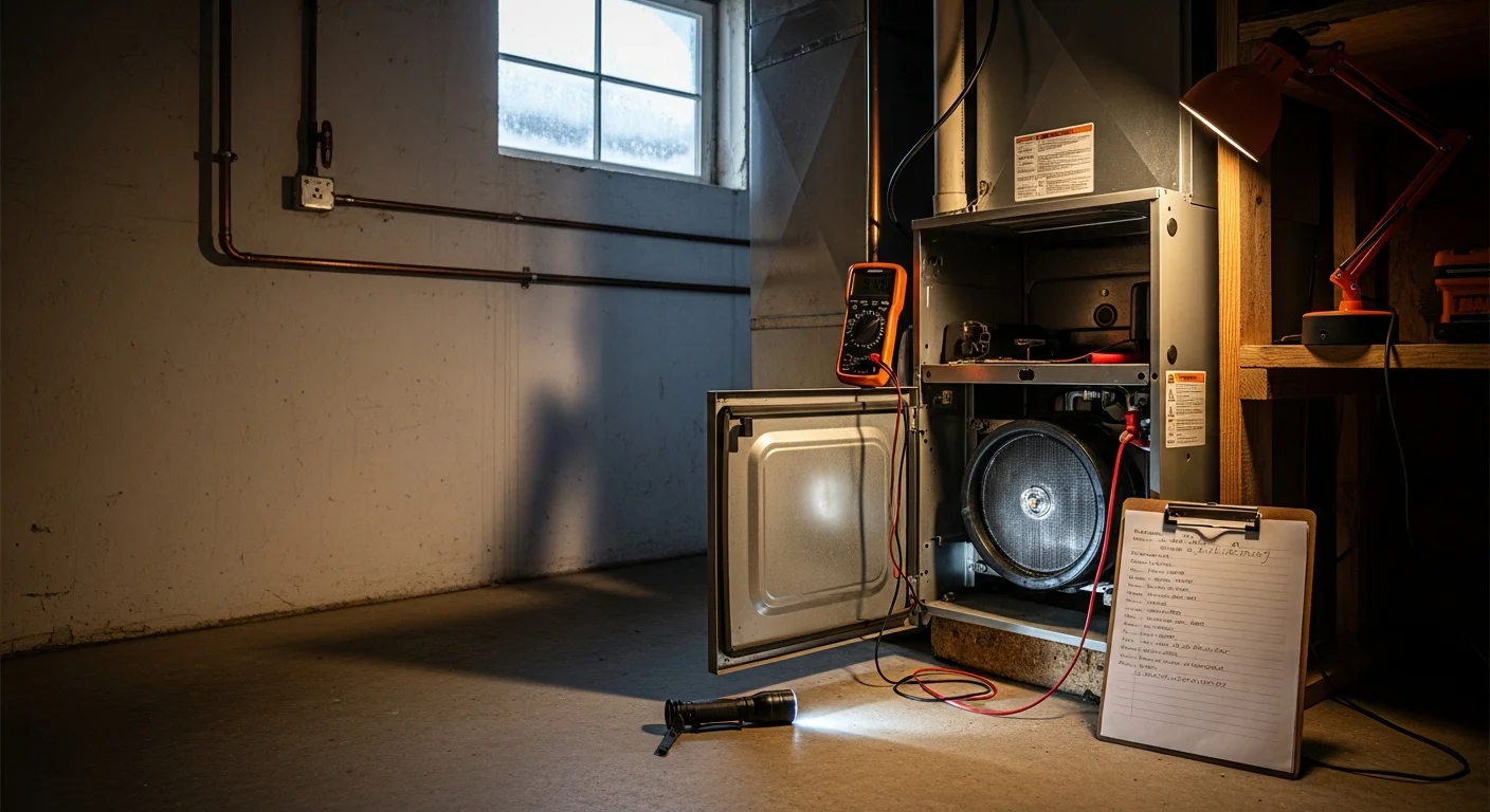 An HVAC technician from Energy Wise Heating And Ac inspecting a residential furnace inside a home in Orange, VA. The technician checks internal components with a diagnostic tool during a heating system repair visit.