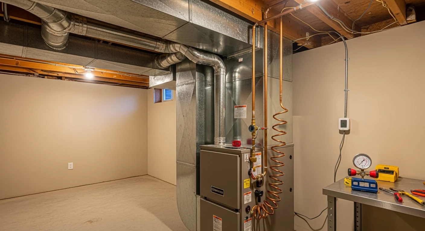 A newly installed heating system in the utility room of a residential home in Orange, VA. The unit is clean and properly vented, with visible ductwork connections and a digital thermostat mounted on the adjacent wall.