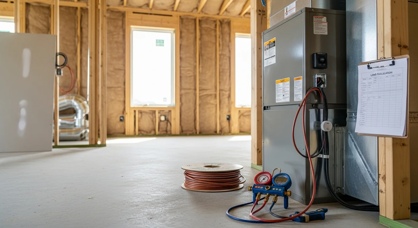 A newly installed HVAC system with ductwork and air handler set up inside a new construction home in Orange, VA 22960. The equipment is clean and unfinished drywall surrounds the mechanical room, showing an early-stage new home build.