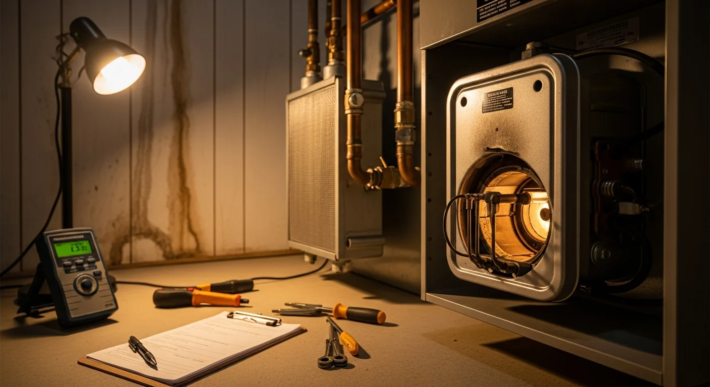 A heating contractor inspecting and cleaning an oil burner unit inside a residential utility room in Orange, VA. The technician checks the nozzle assembly and combustion chamber as part of a full oil burner service call.