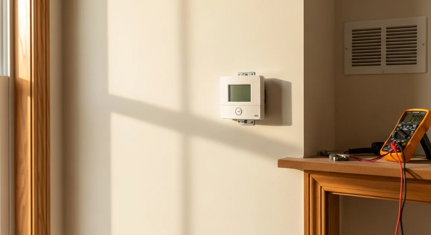 A heating contractor from Energy Wise Heating And Ac installing a new thermostat on an interior wall of a residential home in Orange, VA. The technician connects wiring to the thermostat base with a heating system visible in the background.