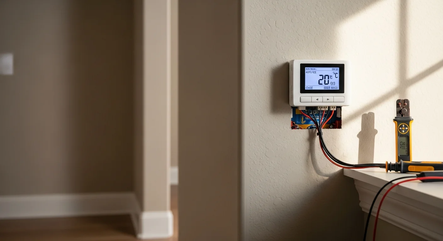 A technician from Energy Wise Heating And AC installing a replacement thermostat on an interior wall in an Orange, VA home. The HVAC control panel is open and wiring connections are visible during the installation process.